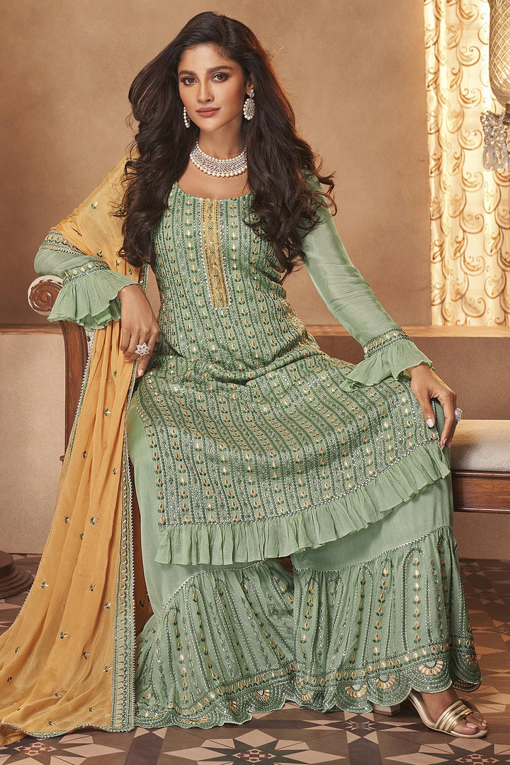 Buy Georgette Pista Green Sharara - Mirror Embroidered Sharara Suit