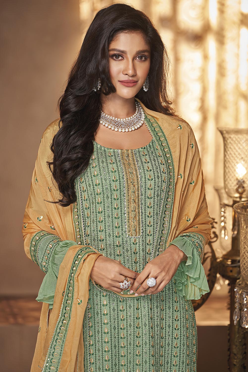 Buy Georgette Pista Green Sharara - Mirror Embroidered Sharara Suit
