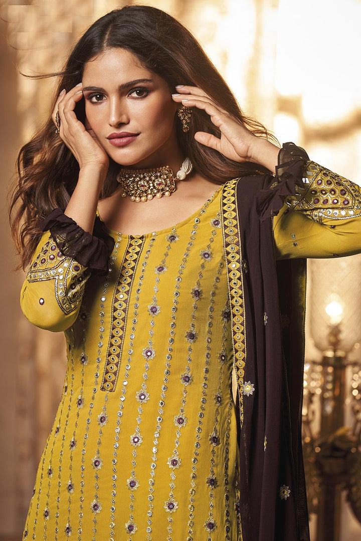 Buy Georgette Sunny Yellow Sharara - Mirror Embroidered Sharara Suit