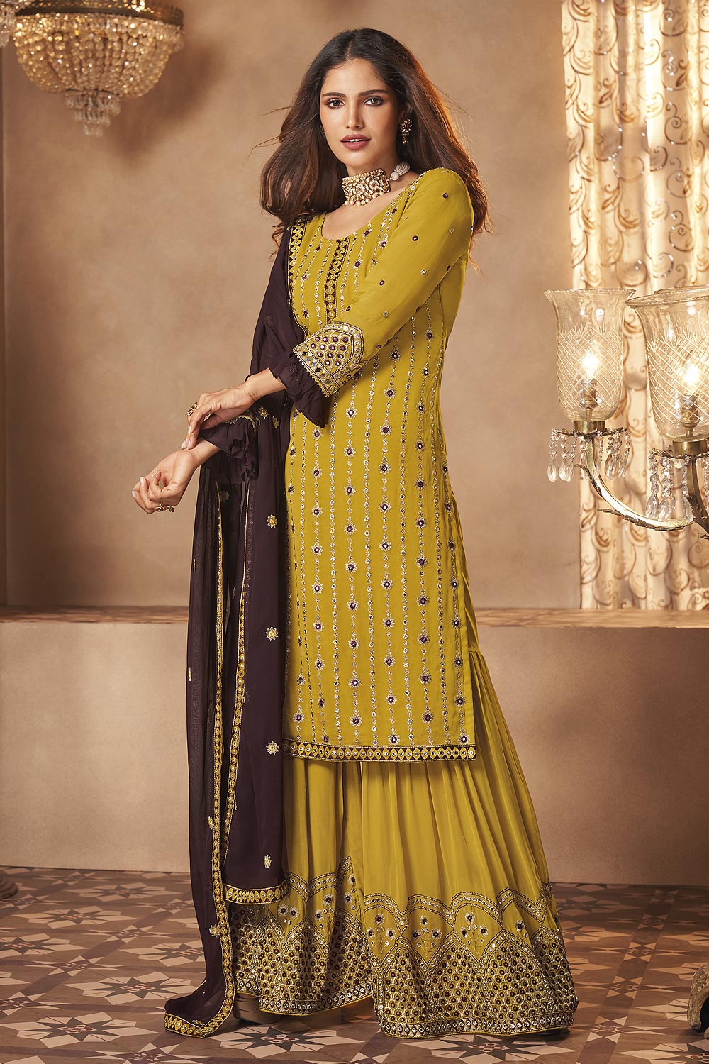 Buy Georgette Sunny Yellow Sharara - Mirror Embroidered Sharara Suit
