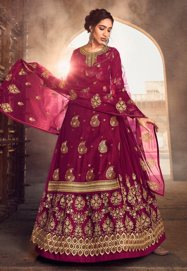 Bright Pink Zari Suit - Buy Embroidered Lehenga Style Suit