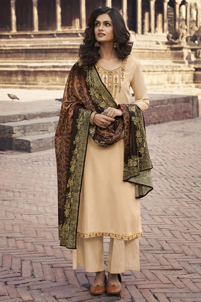 Beige Chiffon Suit - Buy Embroidered Festive Palazzo Suit