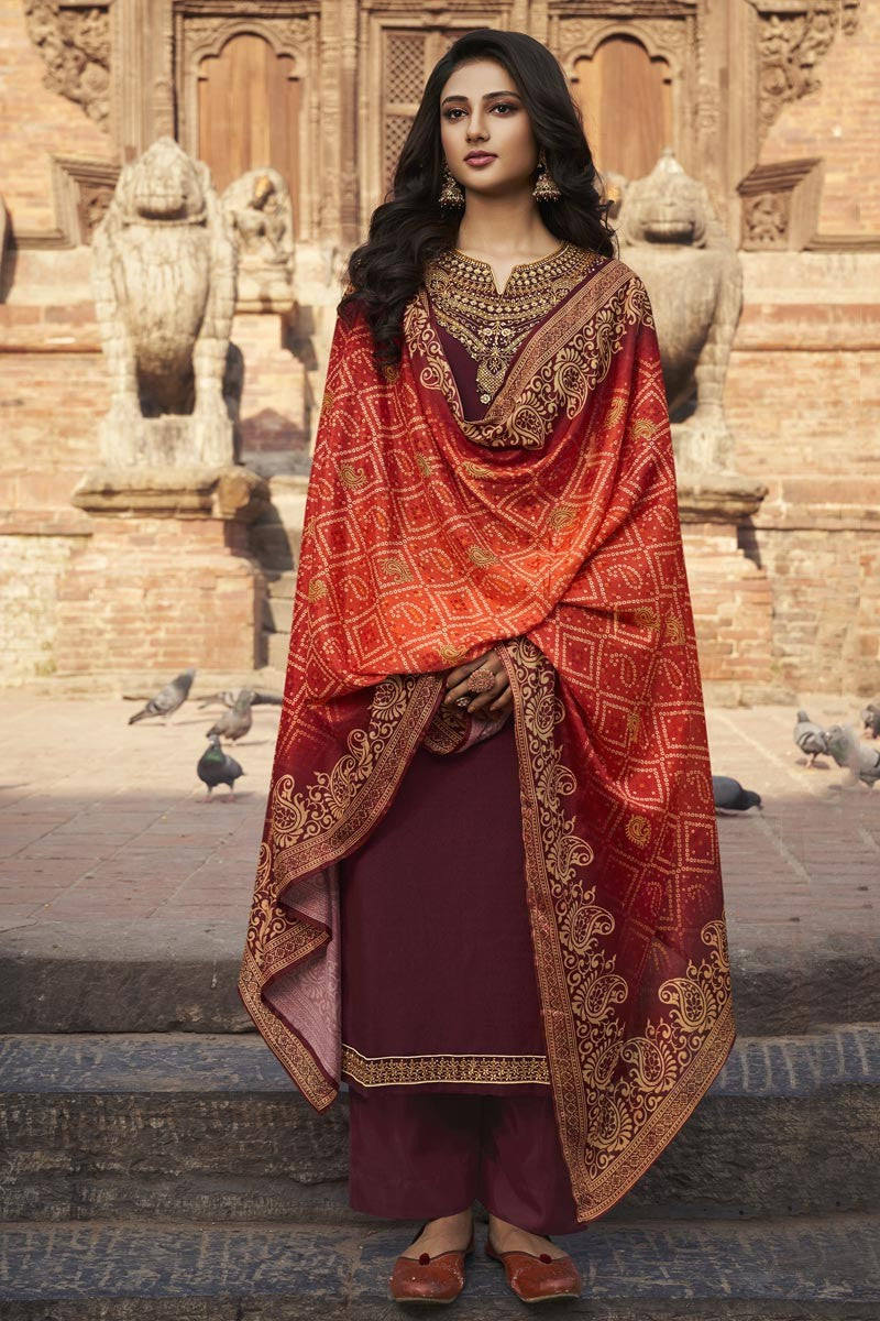Maroon Chiffon Suit - Buy Embroidered Festive Palazzo Suit