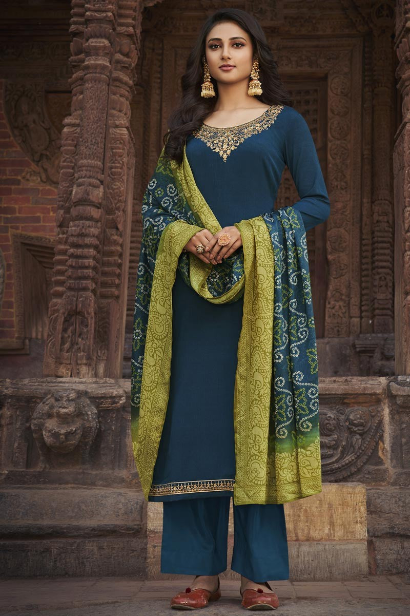 Blue Chiffon Suit - Buy Embroidered Festive Palazzo Suit
