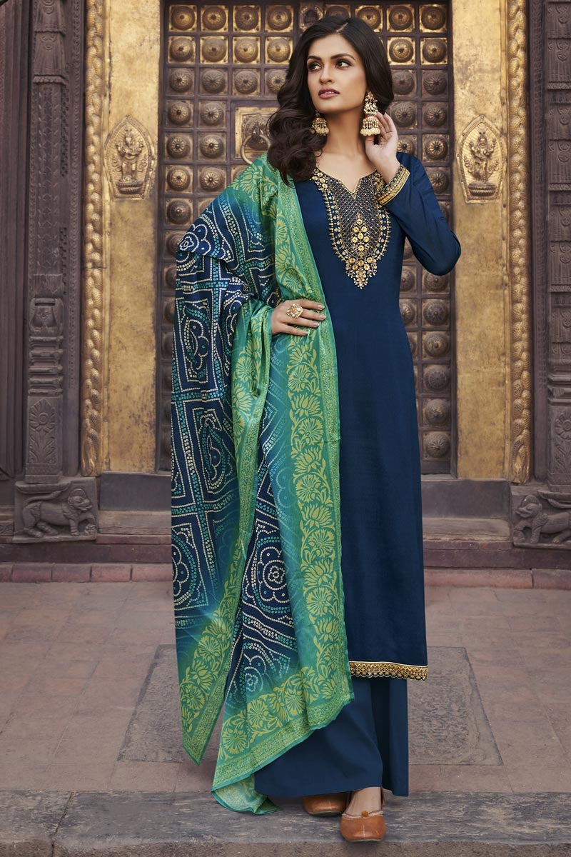 Navy Blue Chiffon Suit - Buy Embroidered Festive Palazzo Suit