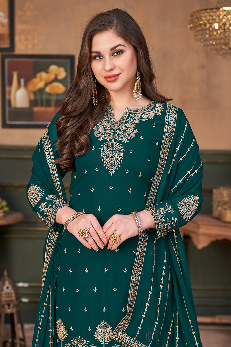 Buy Pakistani Style Teal Green Suit - Embroidered Palazzo Salwar Suit
