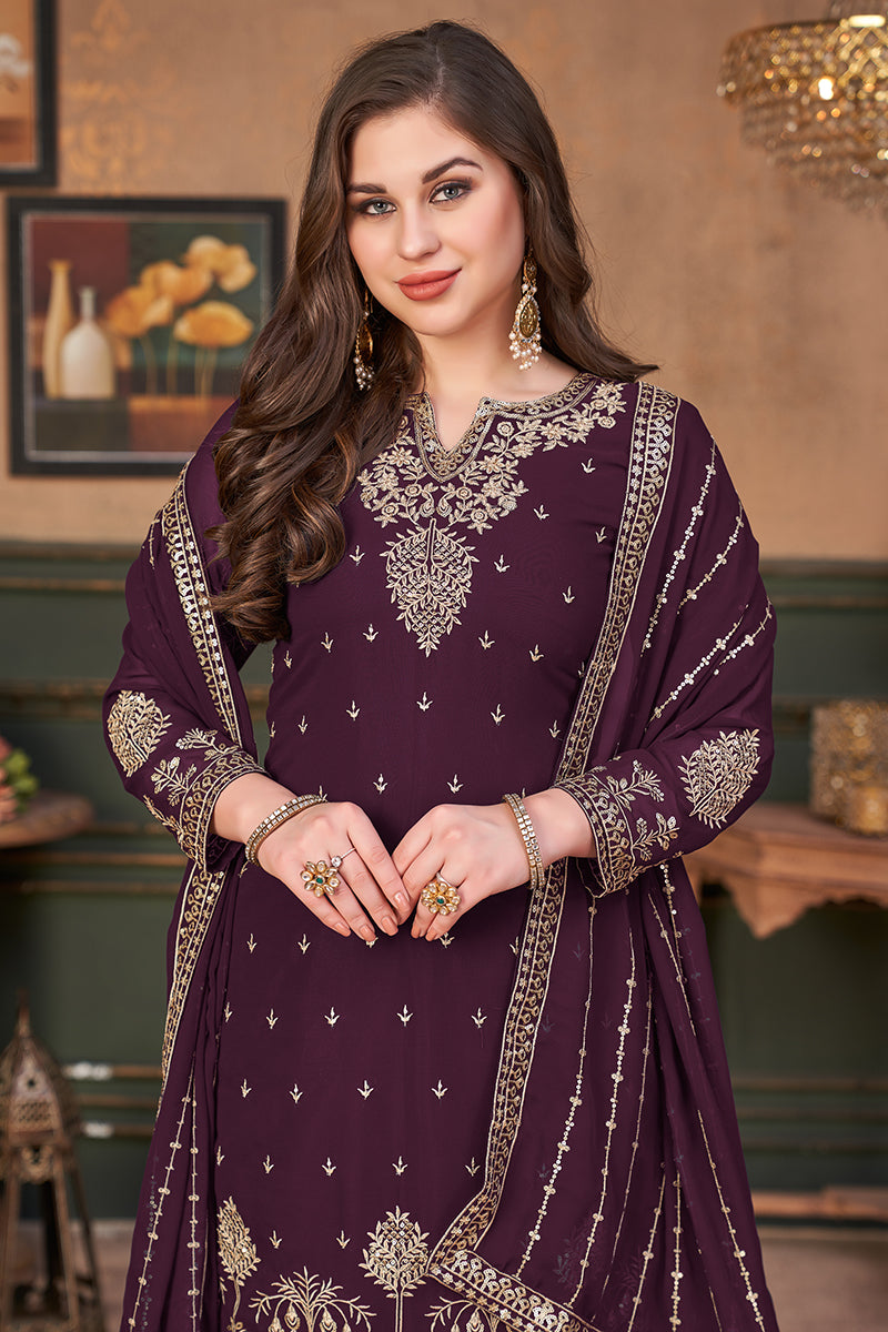 Buy Pakistani Style Plum Purple Suit - Embroidered Palazzo Salwar Suit