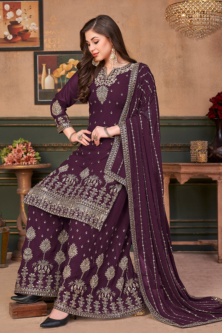 Buy Pakistani Style Plum Purple Suit - Embroidered Palazzo Salwar Suit