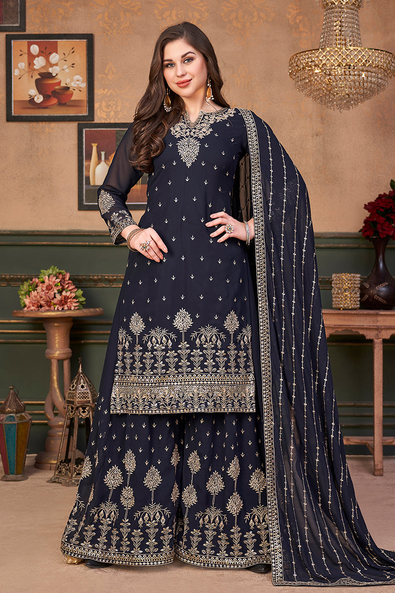 Buy Pakistani Style Navy Blue Suit - Embroidered Palazzo Salwar Suit