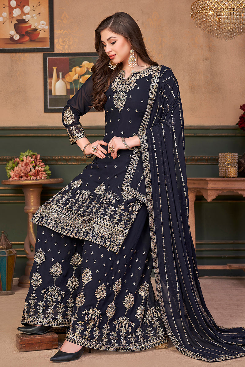 Buy Pakistani Style Navy Blue Suit - Embroidered Palazzo Salwar Suit