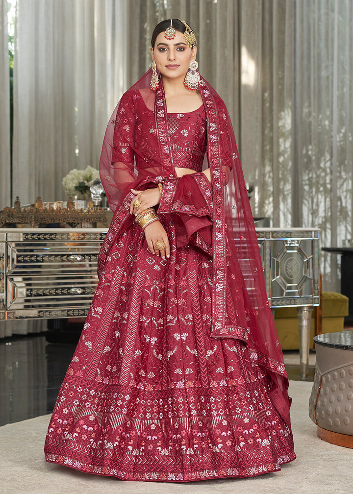 Buy Now Maroon Multi Sequins & Thread A Line Wedding Lehenga Choli Online in USA, UK, Canada & Worldwide at Empress Clothing.
