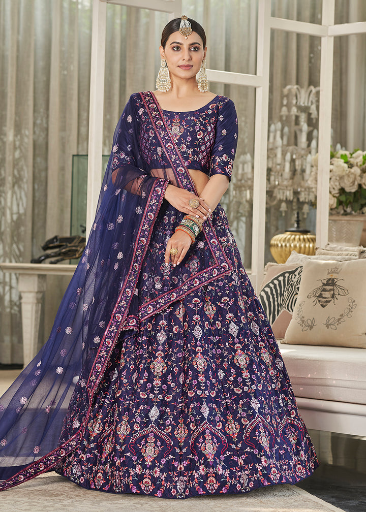 Buy Now Navy Blue Multi Sequins & Thread A Line Wedding Lehenga Choli Online in USA, UK, Canada & Worldwide at Empress Clothing.