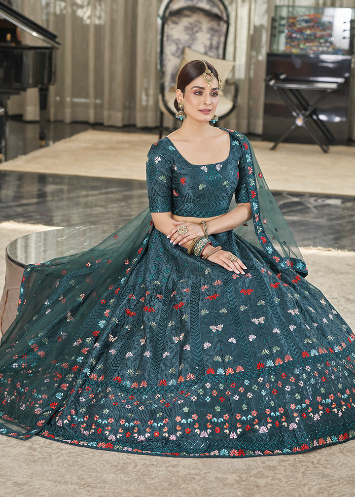 Buy Now Teal Green Multi Sequins & Thread A Line Wedding Lehenga Choli Online in USA, UK, Canada & Worldwide at Empress Clothing