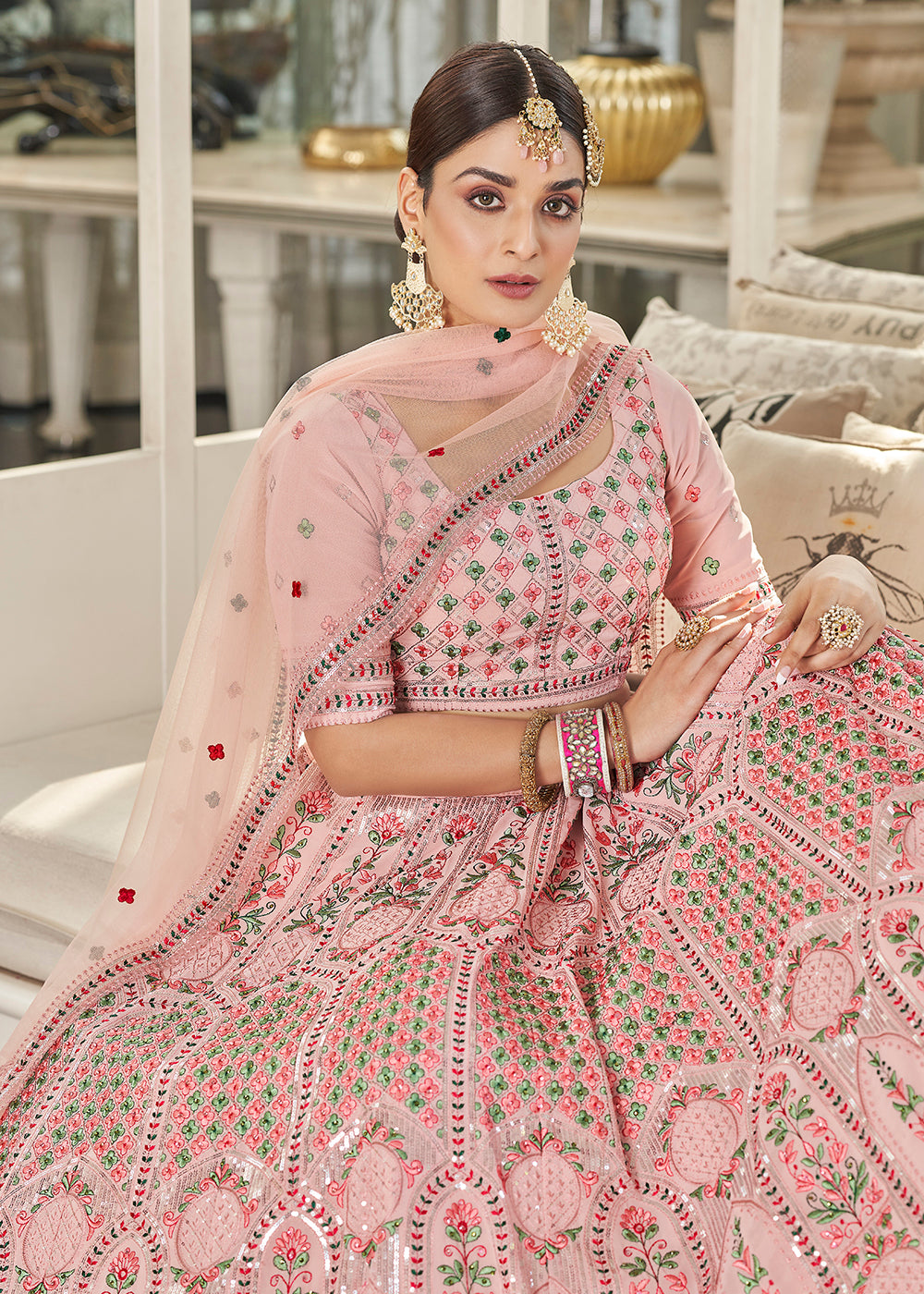 Buy Now Pink Multi Sequins & Thread A Line Wedding Lehenga Choli Online in USA, UK, Canada & Worldwide at Empress Clothing.