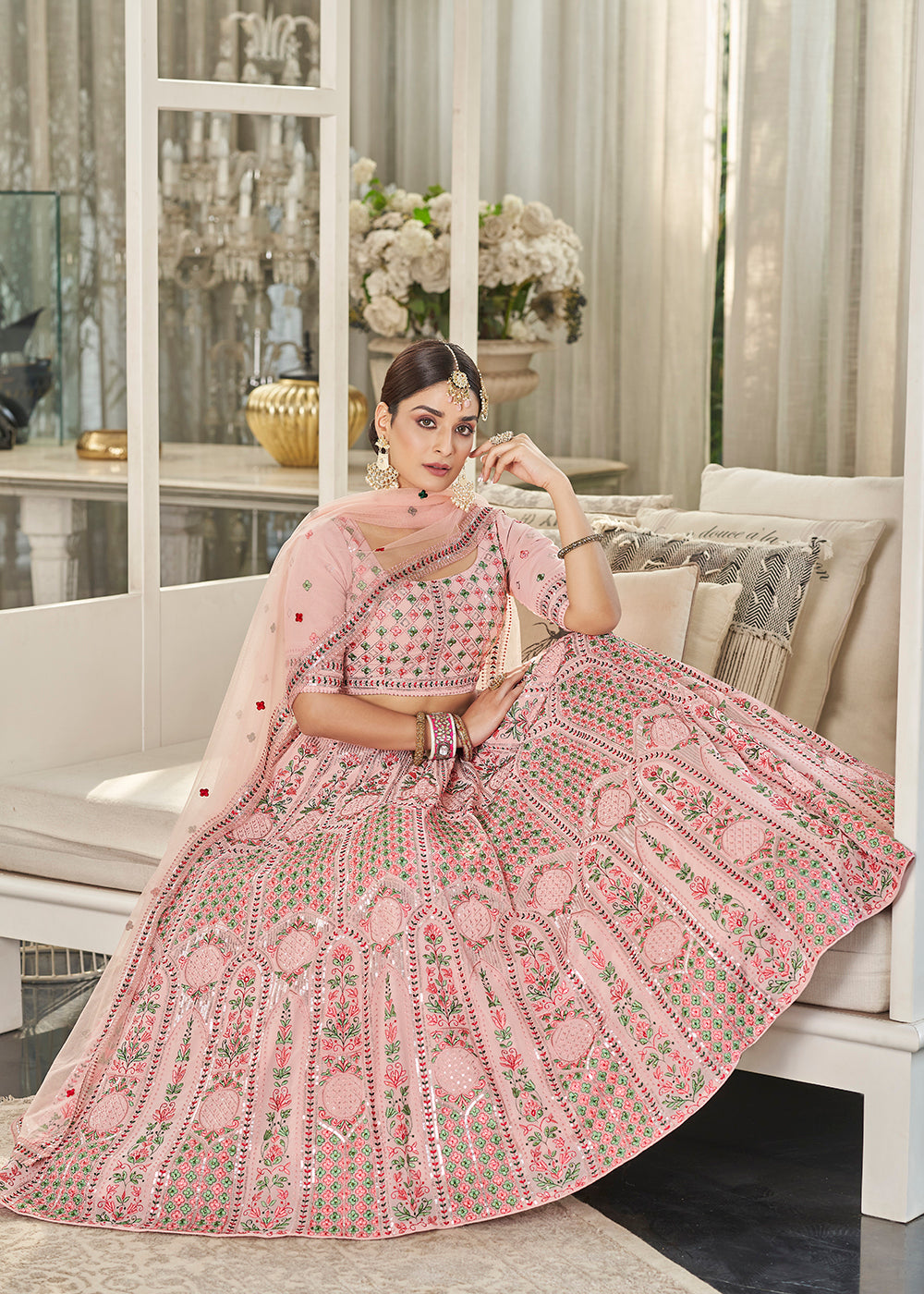 Buy Now Pink Multi Sequins & Thread A Line Wedding Lehenga Choli Online in USA, UK, Canada & Worldwide at Empress Clothing.