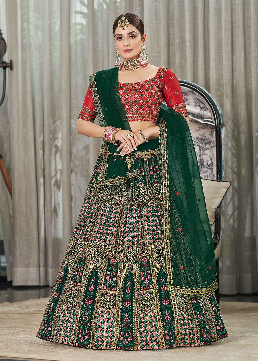 Buy Now Green & Red Multi Sequins & Thread A Line Wedding Lehenga Choli Online in USA, UK, Canada & Worldwide at Empress Clothing.