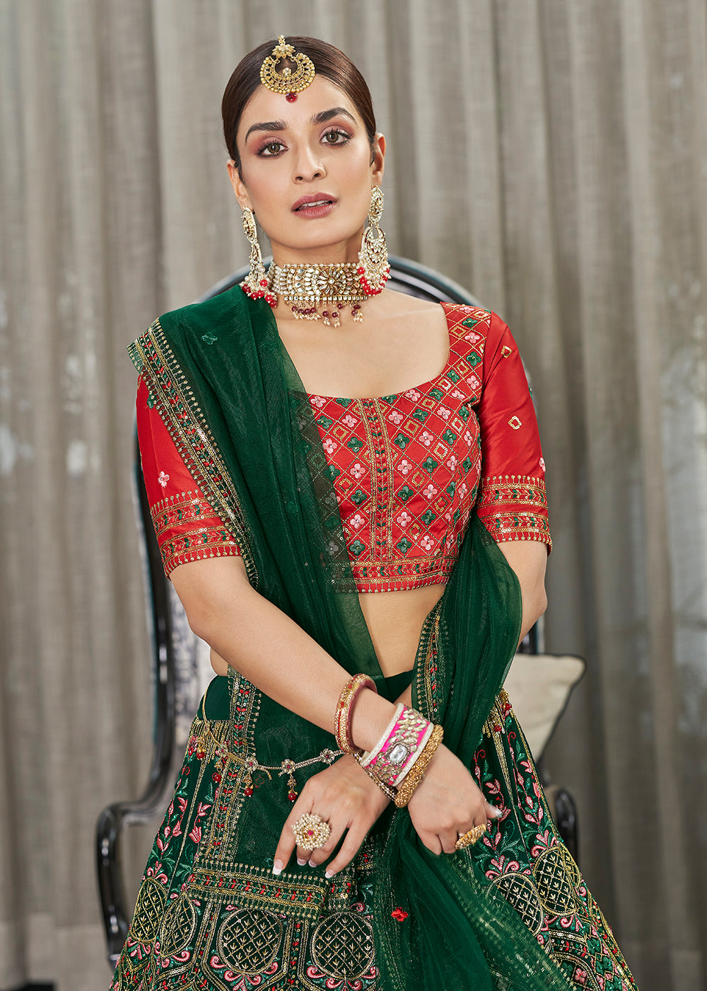 Buy Now Green & Red Multi Sequins & Thread A Line Wedding Lehenga Choli Online in USA, UK, Canada & Worldwide at Empress Clothing.