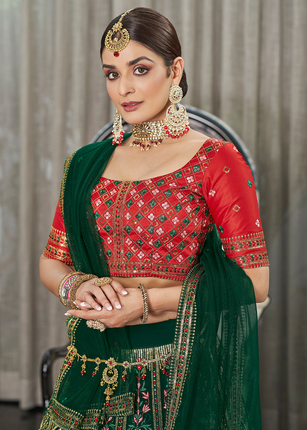 Buy A Line Wedding Lehenga - Green & Red Sequins & Thread Lehenga Choli –  Empress Clothing
