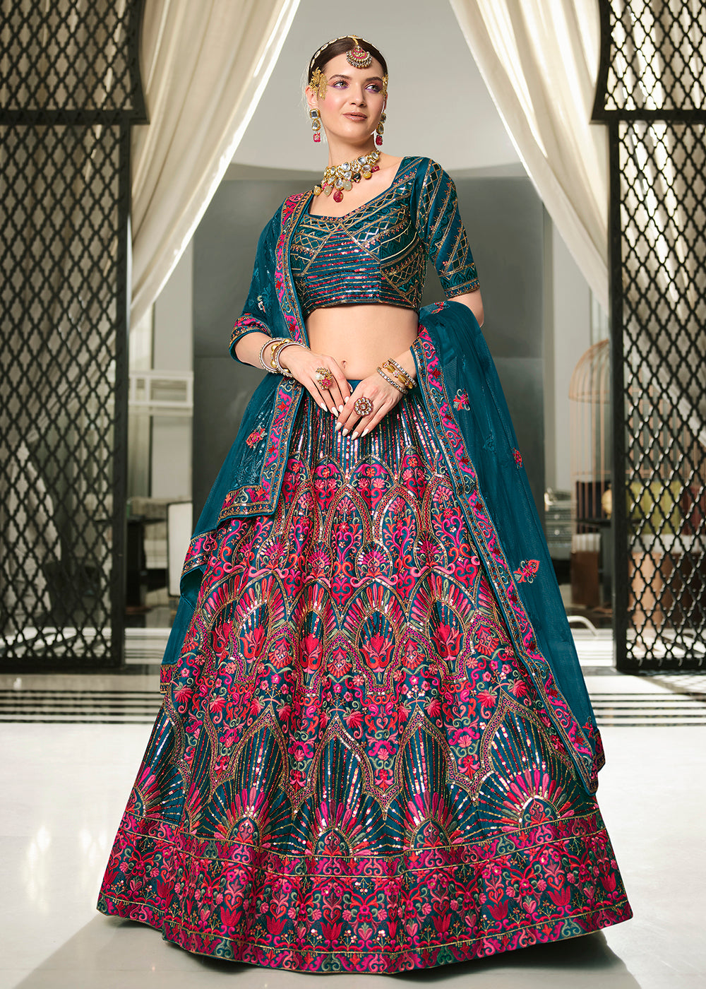 Buy Now Festive Teal Blue Sequins Embroidered Wedding Trendy Lehenga Choli Online in USA, UK, Canada & Worldwide at Empress Clothing.