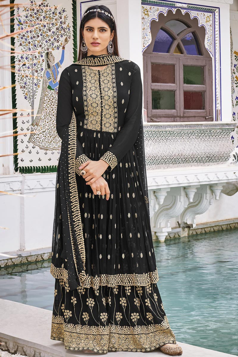 Buy Enchanting Black Pure Georgette Sharara - Embroidered Sharara Suit