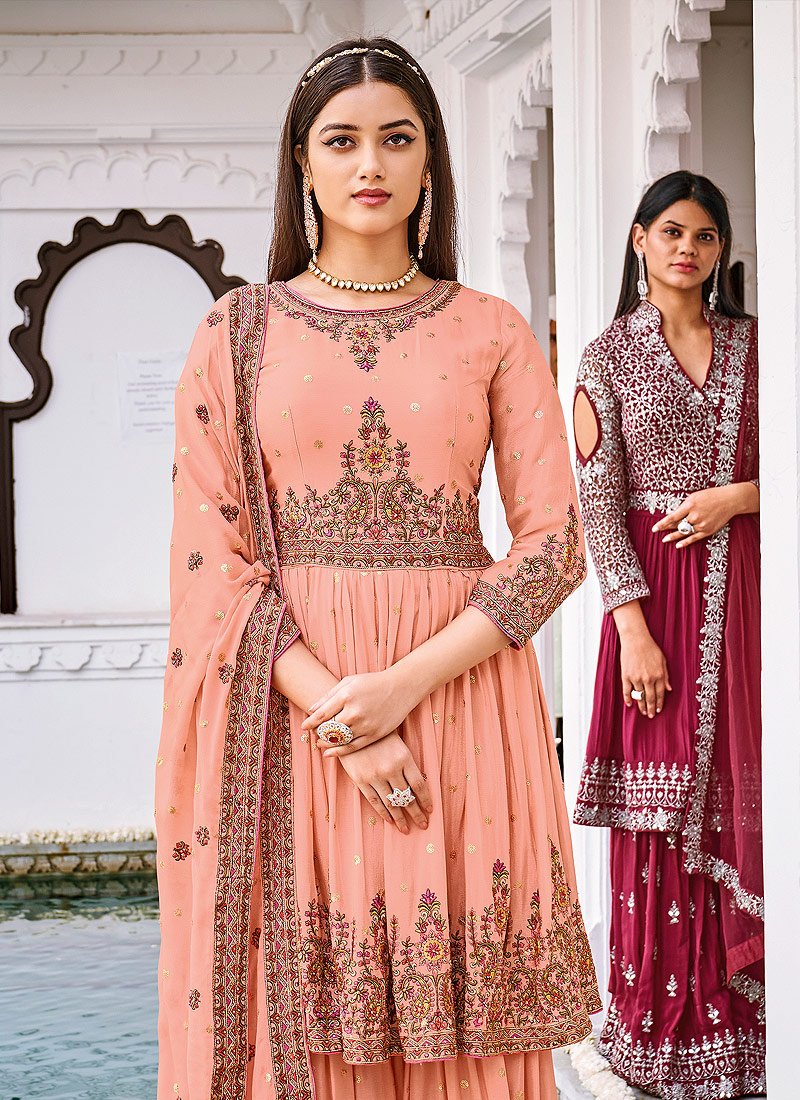 Buy Ethnic Peach Pure Georgette Sharara - Embroidered Sharara Suit