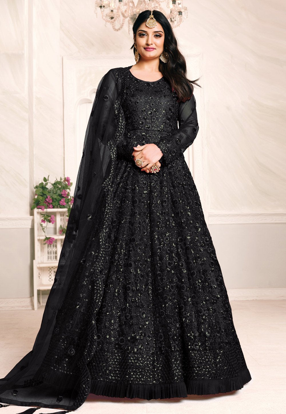 Tempting Black Anarkali - Buy Net Embroidered Abaya Style Anarkali
