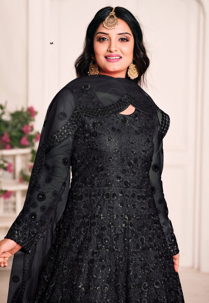 Tempting Black Net Embroidered Abaya Style Anarkali Suit
