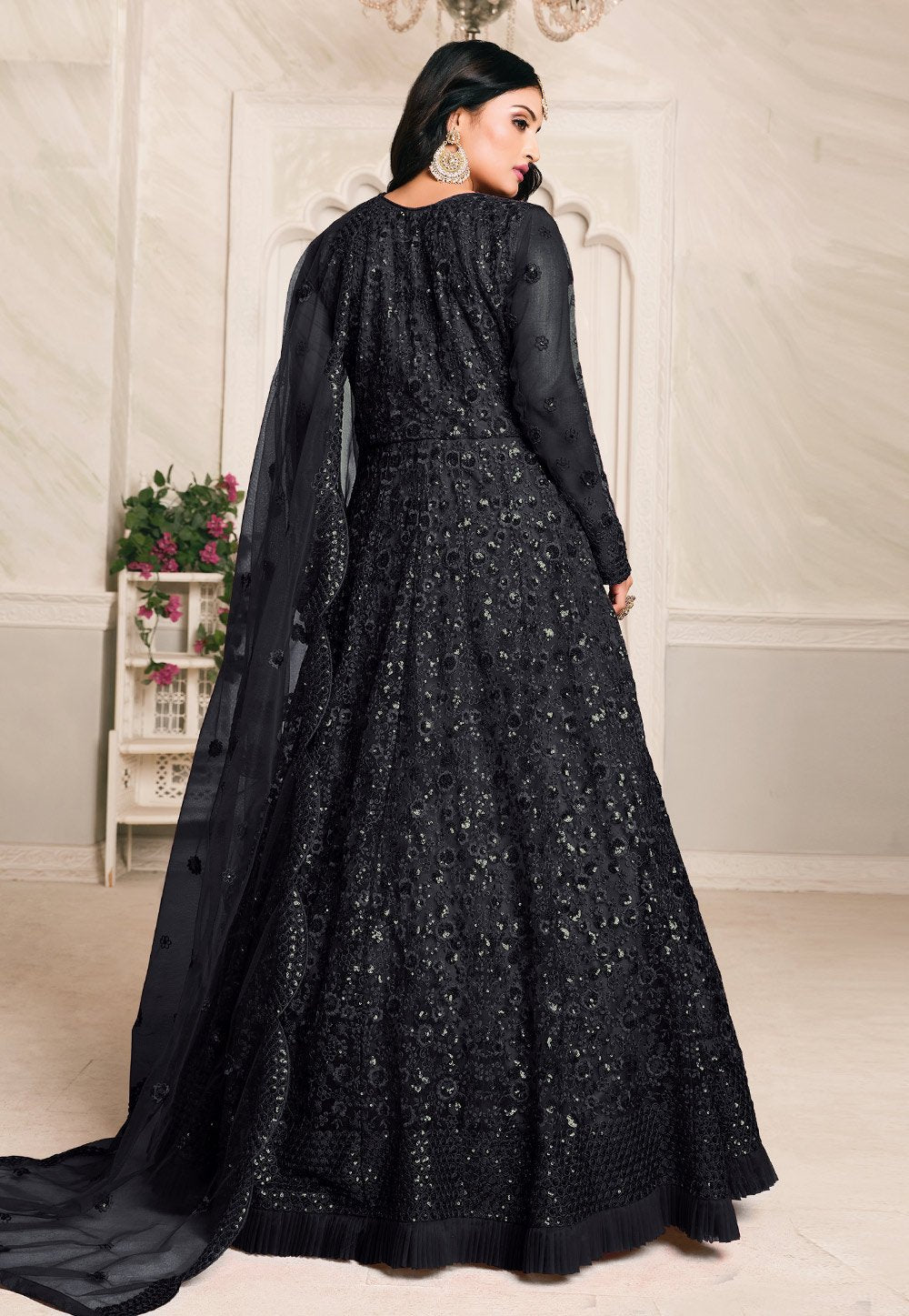 Tempting Black Net Embroidered Abaya Style Anarkali Suit