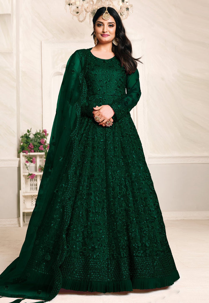 Intriguing Green Anarkali - Buy Net Embroidered Abaya Style Anarkali