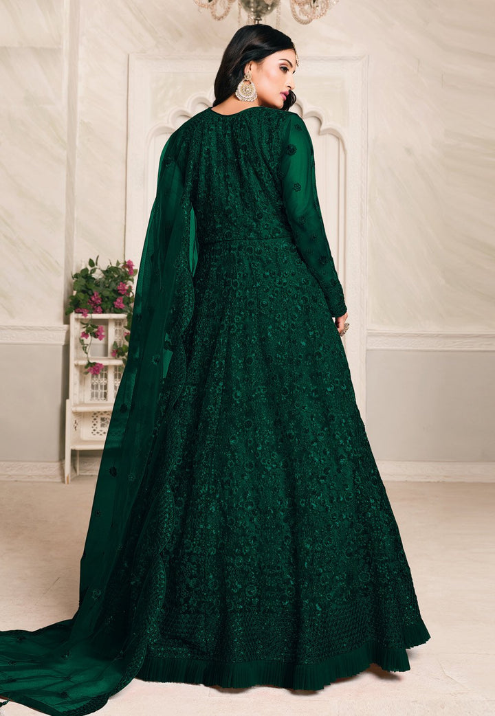 Intriguing Green Net Embroidered Abaya Style Anarkali Suit