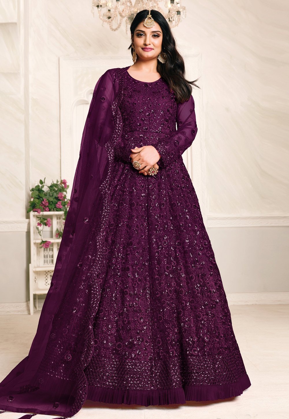 Inviting Purple Anarkali - Buy Net Embroidered Abaya Style Anarkali