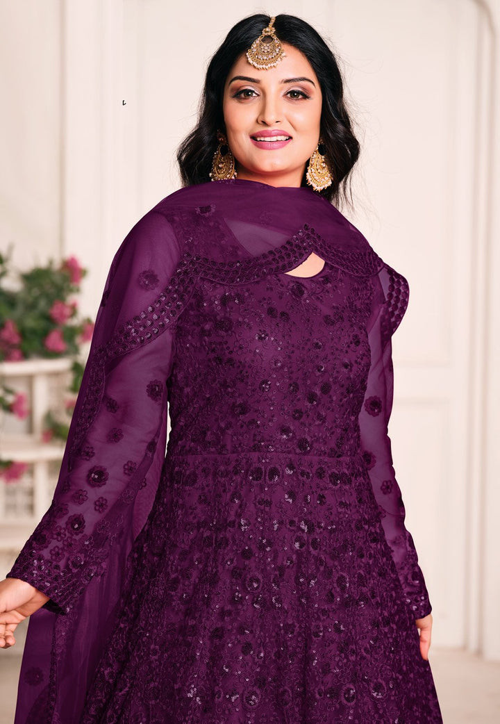Inviting Purple Net Embroidered Abaya Style Anarkali Suit