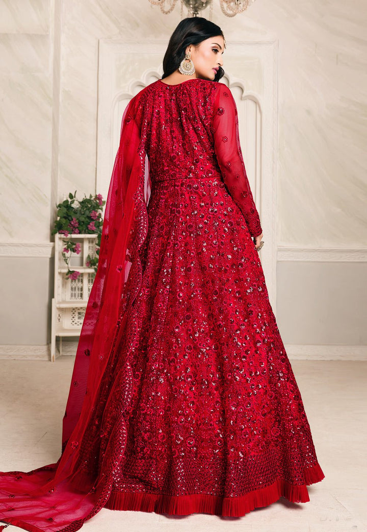 Engaging Red Net Embroidered Abaya Style Anarkali Suit