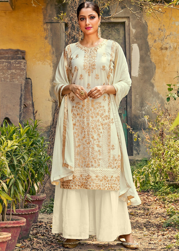 Off White Designer Suit - Buy Embroidered Georgette Palazzo Suit
