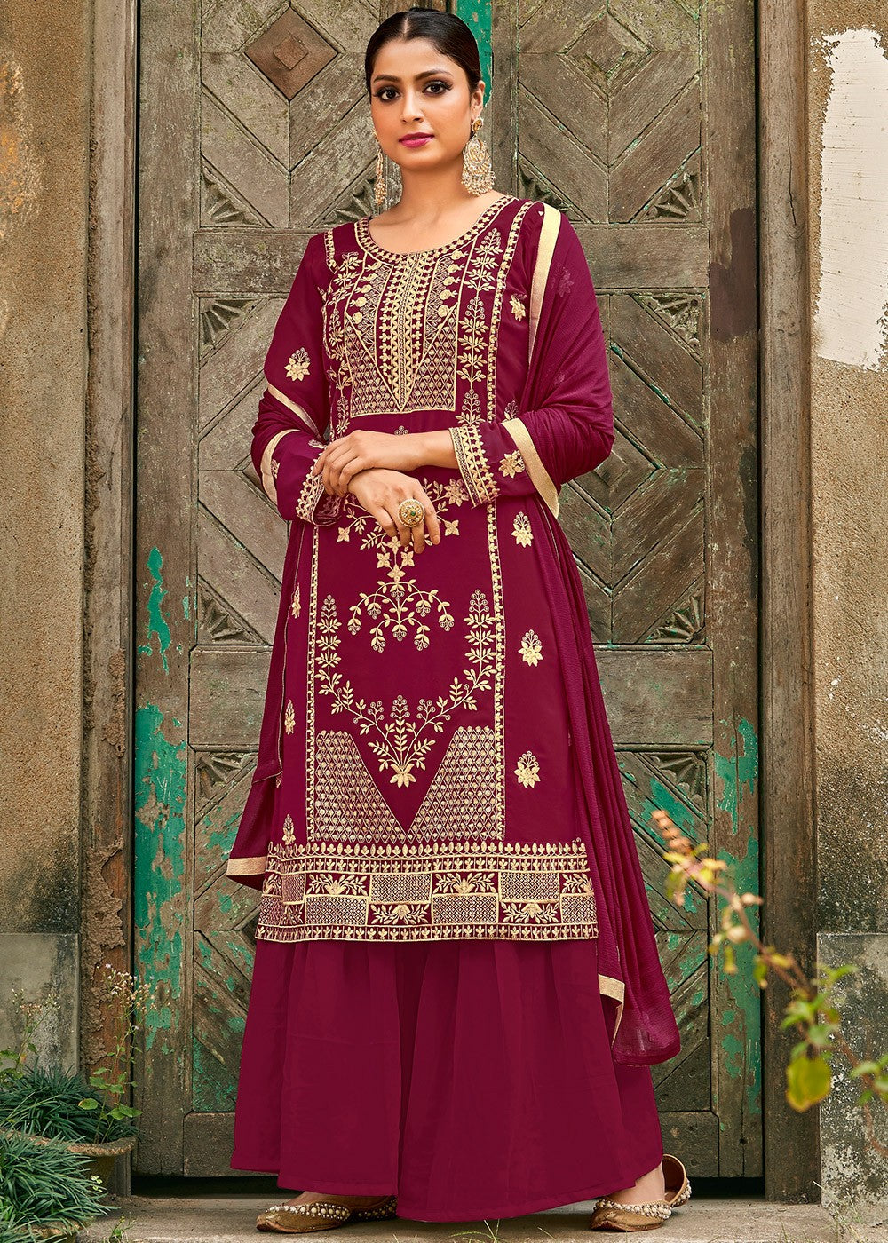 Pure Magenta Designer Suit - Buy Embroidered Georgette Palazzo Suit