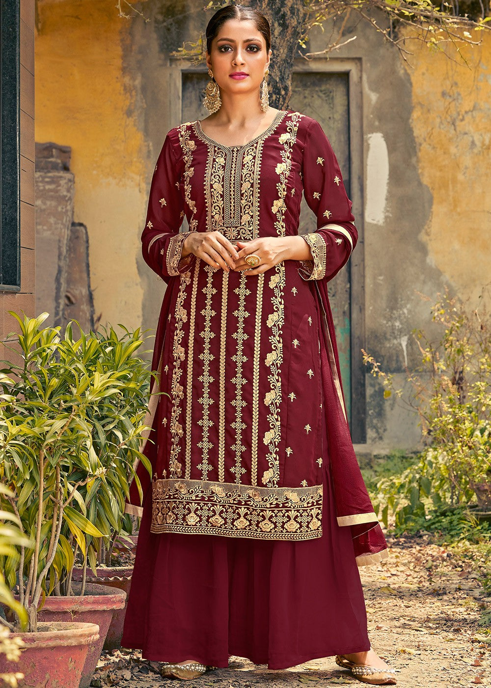 Maroon Designer Suit - Buy Embroidered Georgette Palazzo Suit