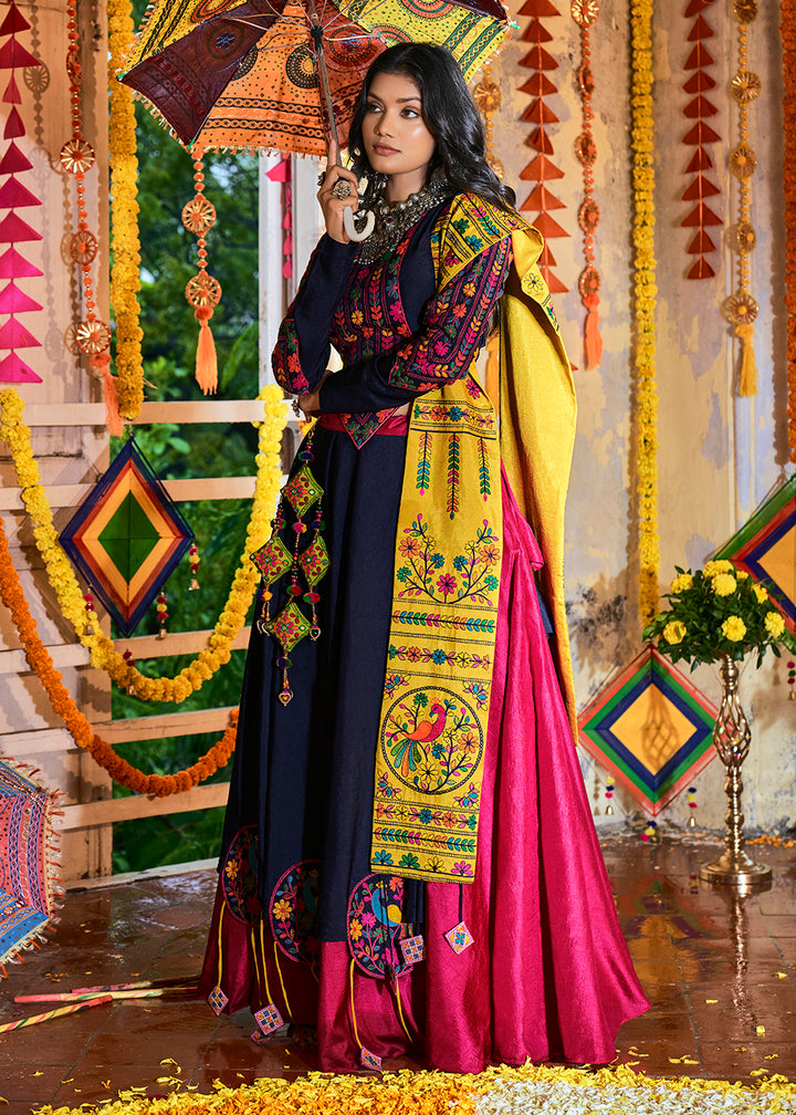 Buy Now Stunning Pink & Navy Blue Silk Navratri Chaniya Choli Online in USA, UK, Canada & Worldwide at Empress Clothing.