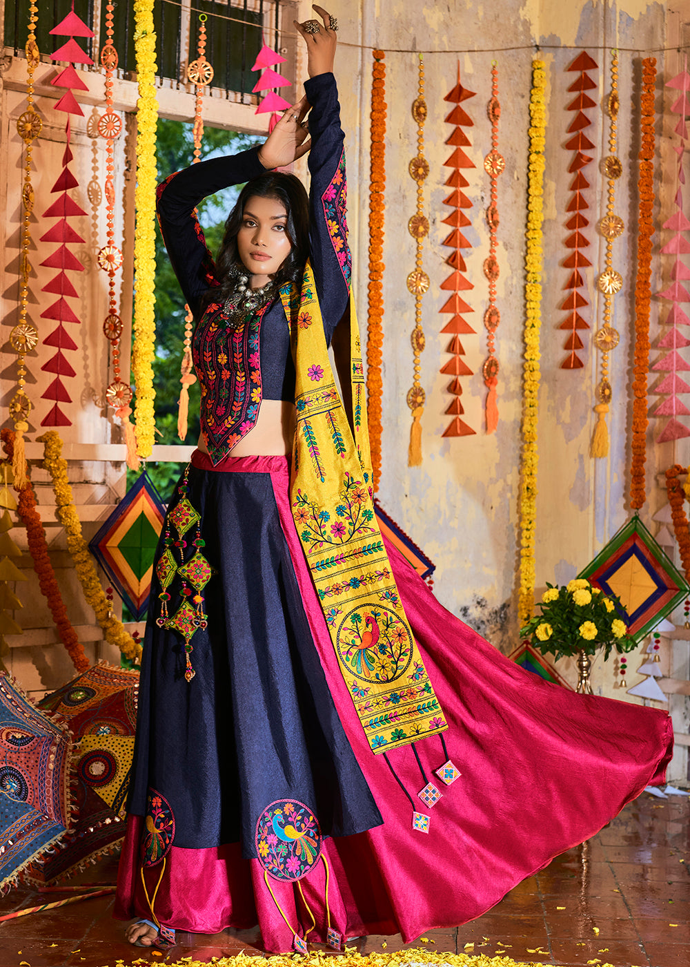 Buy Now Stunning Pink & Navy Blue Silk Navratri Chaniya Choli Online in USA, UK, Canada & Worldwide at Empress Clothing.