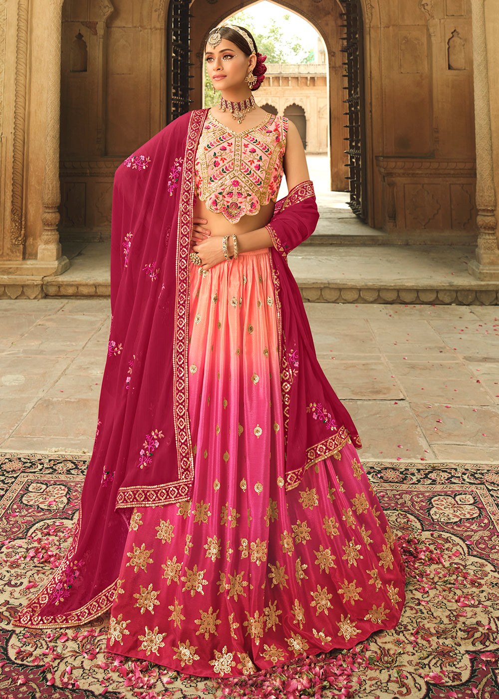 Buy Now Peach to Pink Multi Color Sequins Festive Lehenga Choli Online in USA, UK, Canada & Worldwide at Empress Clothing.