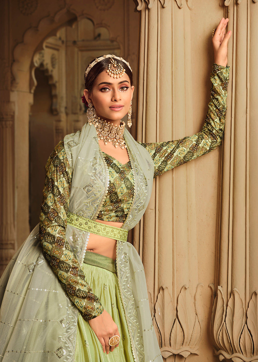 Buy Now Pista Green to Mahendi Multi Color Sequins Festive Lehenga Choli Online in USA, UK, Canada & Worldwide at Empress Clothing. 