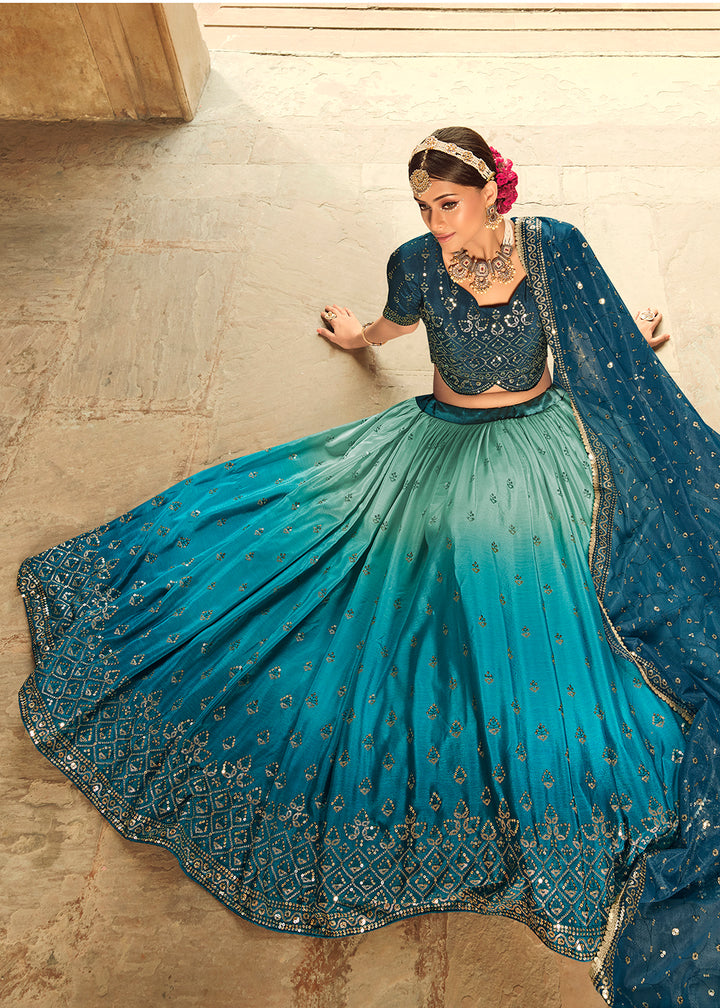 Buy Now Blue to Teal Blue Multi Color Sequins Festive Lehenga Choli Online in USA, UK, Canada & Worldwide at Empress Clothing.