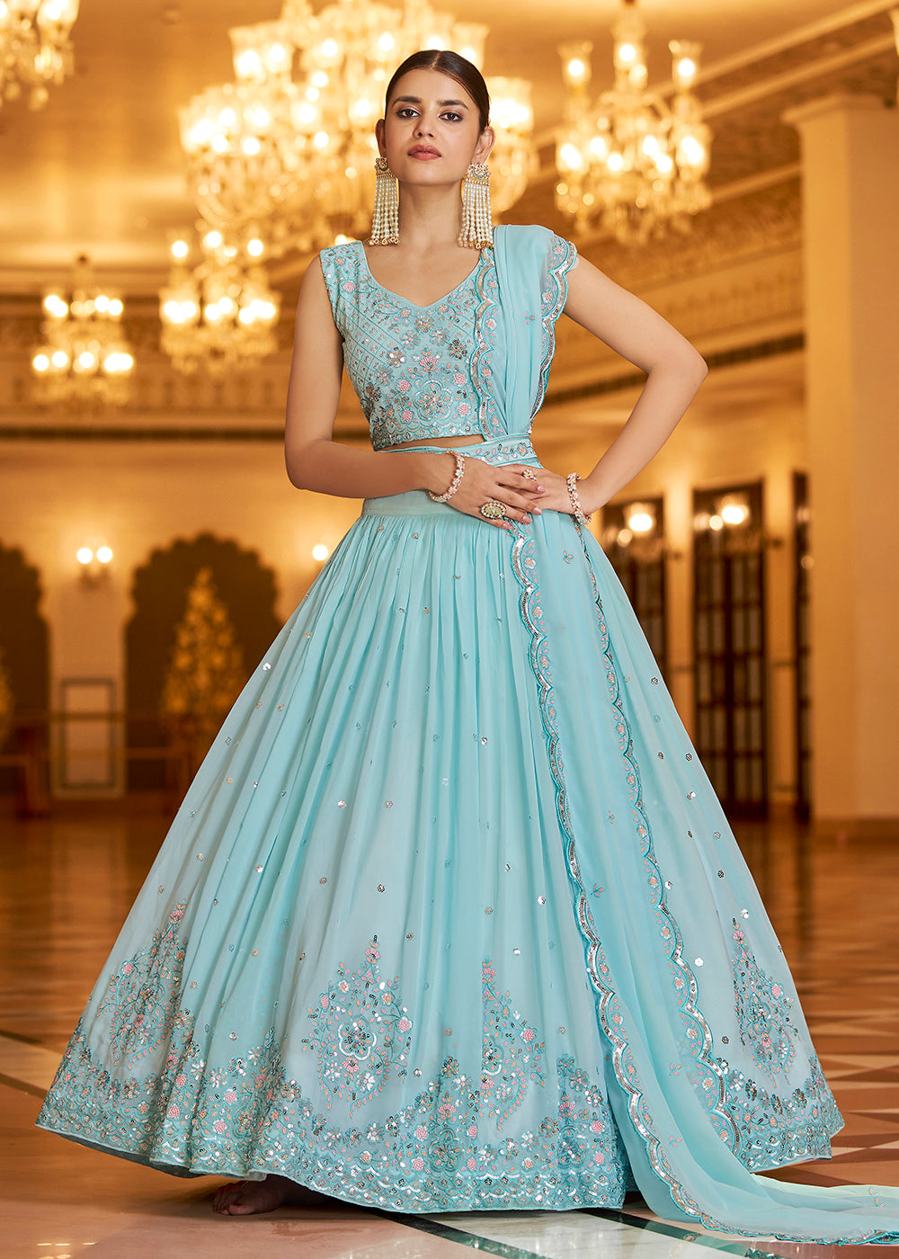 Buy Now Wedding Reception Excellent Sky Blue Trendy Lehenga Choli Online in USA, UK, Canada & Worldwide at Empress Clothing.