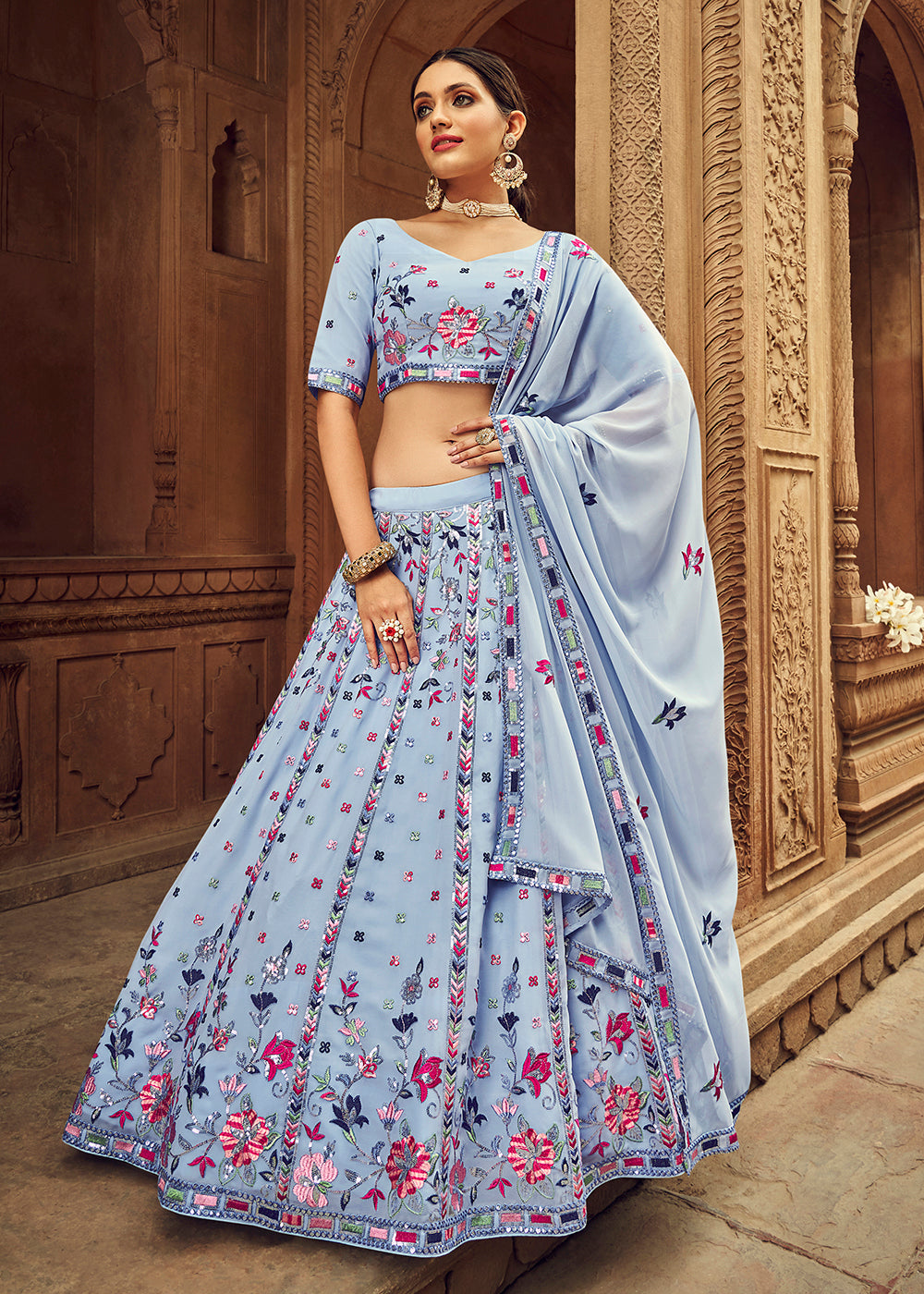 Buy Now Excellent Sky Blue Bridesmaid Georgette Wedding Lehenga Choli Online in USA, UK, Canada & Worldwide at Empress Clothing.