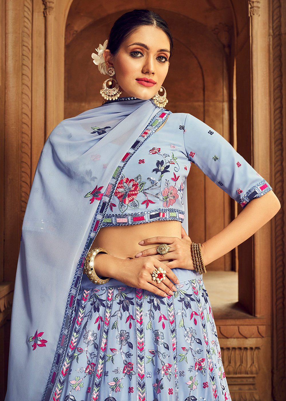Buy Now Excellent Sky Blue Bridesmaid Georgette Wedding Lehenga Choli Online in USA, UK, Canada & Worldwide at Empress Clothing.