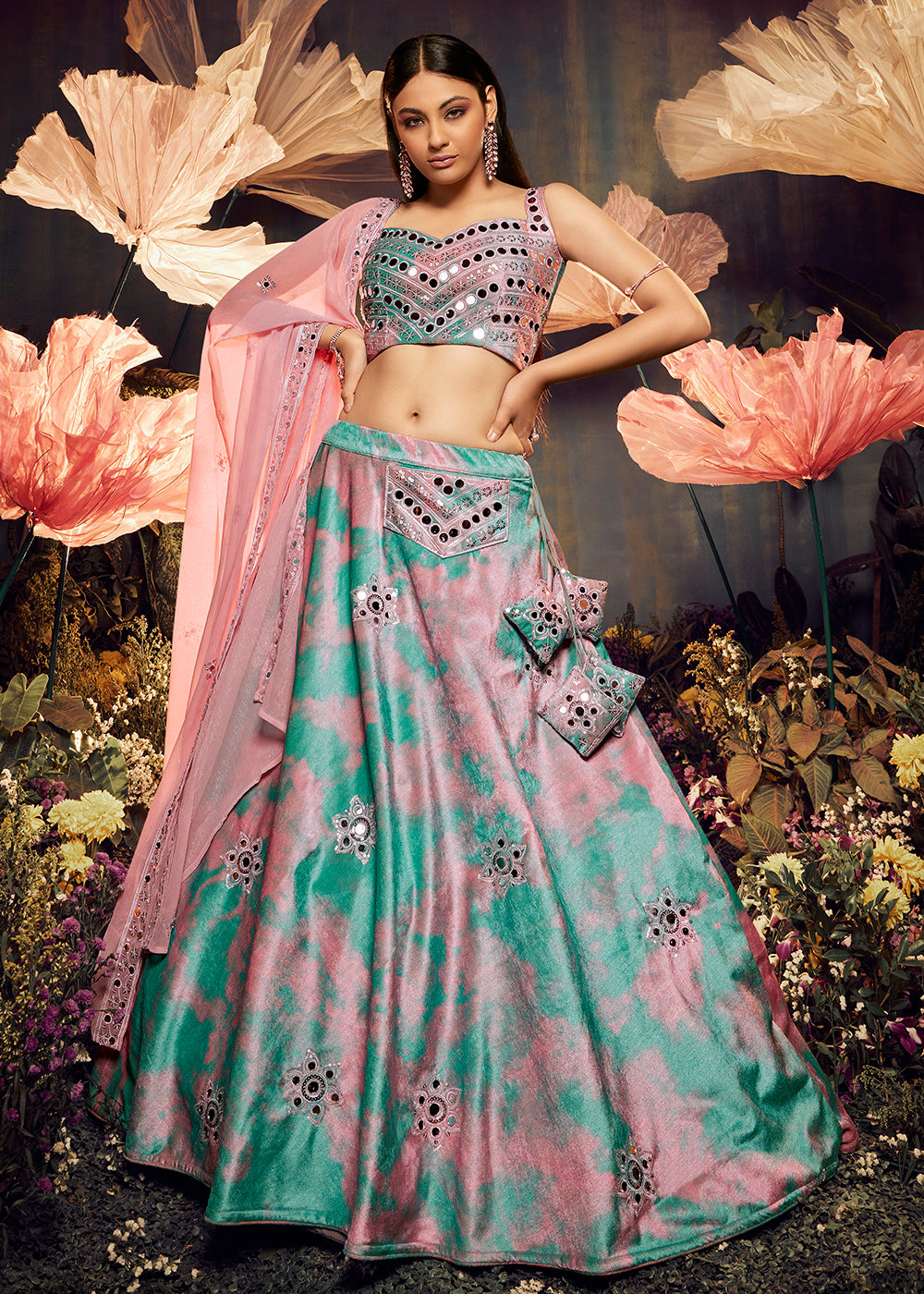Buy Now Elegant Sky-Pink Sequins & Mirror Velvet Lehenga Choli Online in USA, UK, Canada & Worldwide at Empress Clothing.