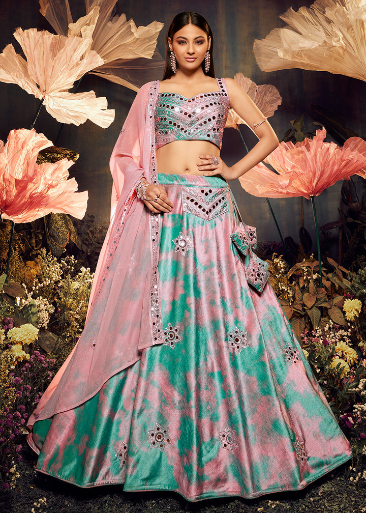 Buy Now Elegant Sky-Pink Sequins & Mirror Velvet Lehenga Choli Online in USA, UK, Canada & Worldwide at Empress Clothing.