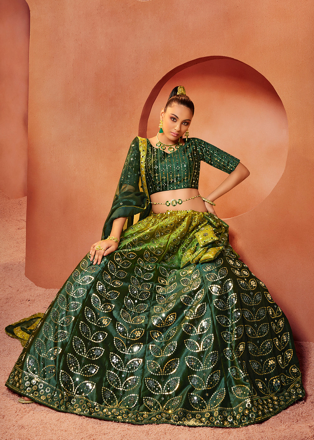 Buy Now Forest Green Sequins & Mirror Velvet Wedding Lehenga Choli Online in USA, UK, Canada & Worldwide at Empress Clothing. 