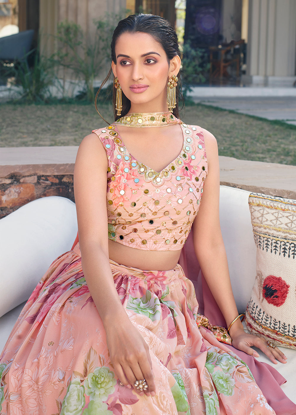 Buy Now Crystal Floral Pink Printed Embroidered Designer Lehenga Choli Online in USA, UK, Canada & Worldwide at Empress Clothing. 