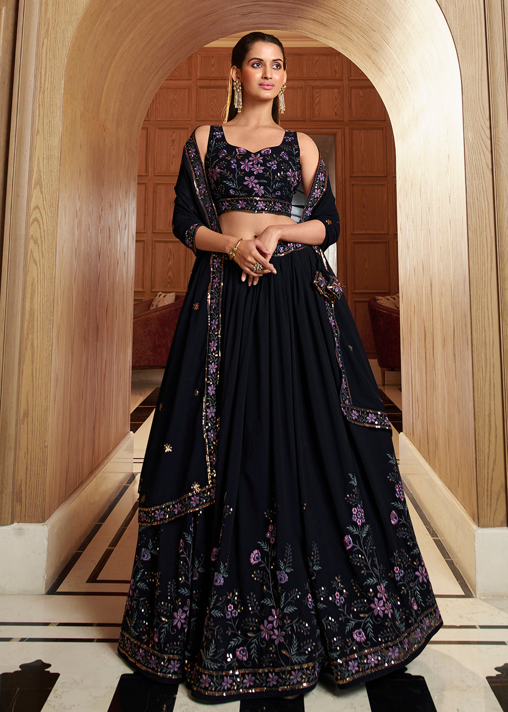 Buy Now Cardinal Navy Blue Floral Embroidered Designer Lehenga Choli Online in USA, UK, Canada & Worldwide at Empress Clothing. 