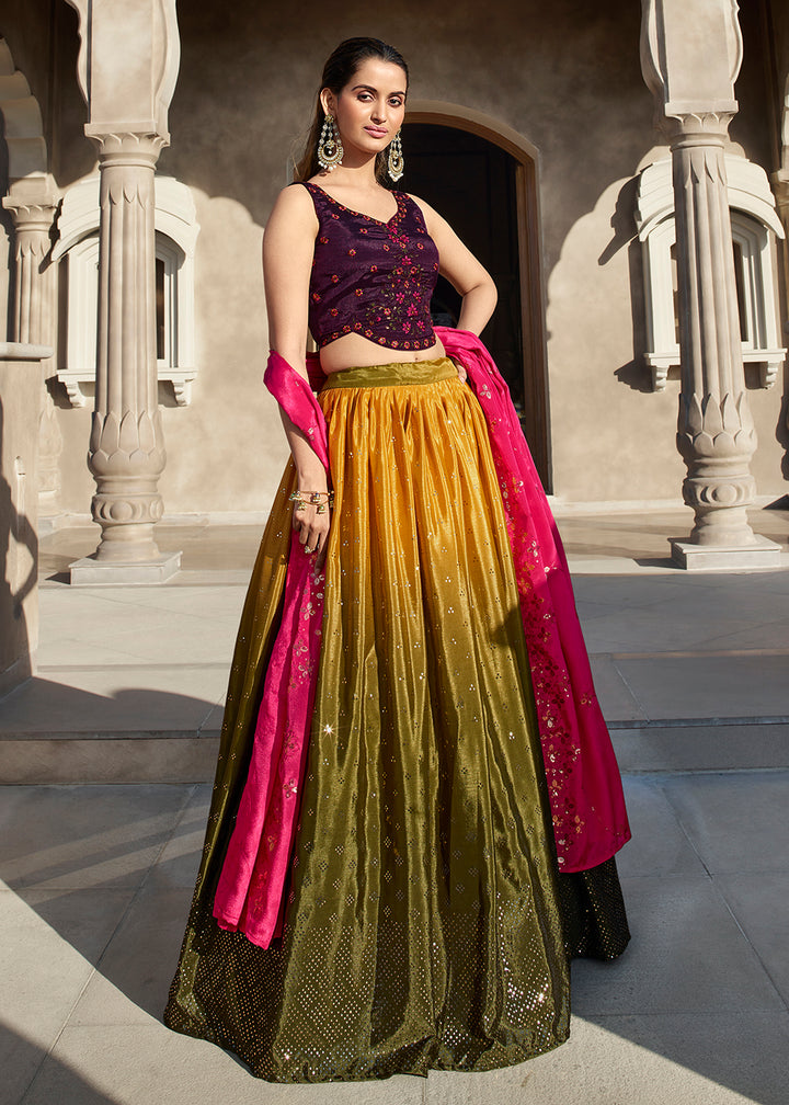 Buy Now Pretty Mustard Olive Embroidered Designer Lehenga Choli Online in USA, UK, Canada & Worldwide at Empress Clothing.
